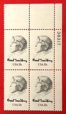US Sc#1731 1978 Carl Sandburg Commmerative Plate# Block 4 Mint NH OG XF (12-338) - Image 1 of 3