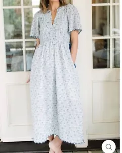 Baybala Lindsey Dress Blue Cotton Floral Short Sleeve Rope Ties Midi Nwt Size S - Picture 1 of 10