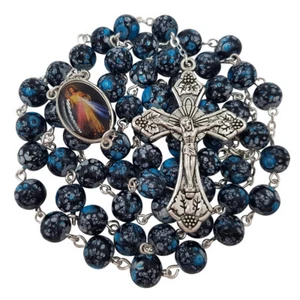 Collar Rosario Católico Cuentas de Vidrio Azul con Medalla de la Divina Misericordia Regalo Religioso - Imagen 1 de 9