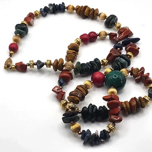 Vintage Gem Stone Chip Bead Necklace Gold Accents Boho Earth Tone 30" - Picture 1 of 16
