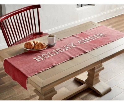 Mud Pie Red Frayed Washed Canvas Appliquéd HOLIDAY CHEER Christmas Table Runner - Image 1 of 2