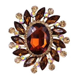 Marquise Large Brown Rhinestone Brooch Pin Flower Accessory Antique Gold Tone - Picture 1 of 4