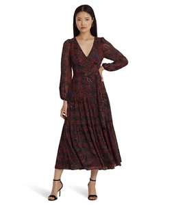 Ralph Lauren Kleid Damen kariert Paisley Gürtel Georgette Kleid $ 195 Größe 16 - Bild 1 von 4