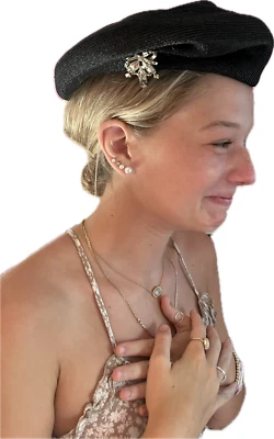 1950's Black Straw Evening Beret with Jeweled Pin - Image 1 of 4