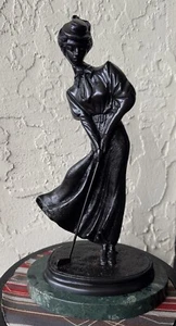 Sculpture Bronze Antique Lady Playing Golf/Green Marble Base/Art Deco/13” - Picture 1 of 23