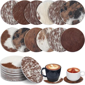 Hushee 12 Pcs Cowhide Coasters round Natural Leather Cowhide Drink Coasters for - Picture 1 of 12