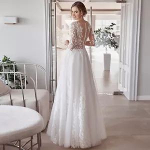 Elegant Half Sleeve A-line Wedding Dresses Lace Applique Bridal Gown Boat Neck - Picture 1 of 11