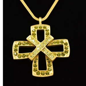 Givenchy Vintage Crystal Cross Necklace Brushed Gold Green NOS Signed 1990s BinY - Picture 1 of 14