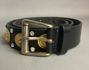 NEIMAN MARCUS / ITALY BLACK LEATHER LION MEDALLION / CRYSTALS BELT SZ M - Picture 1 of 12