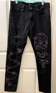 Jeans Waimea uomo nero viola teschio filo spinato invecchiato skinny taglia 32x32 - Foto 1 di 9