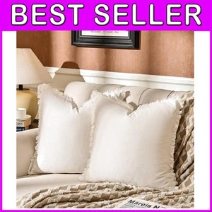 20x20 Durable Off-White Cushion Covers with Tassels & Fringes - Machine Washable - Picture 1 of 8