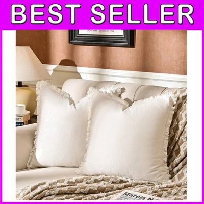 20x20 Durable Off-White Cushion Covers with Tassels & Fringes - Machine Washable - Image 1 of 4