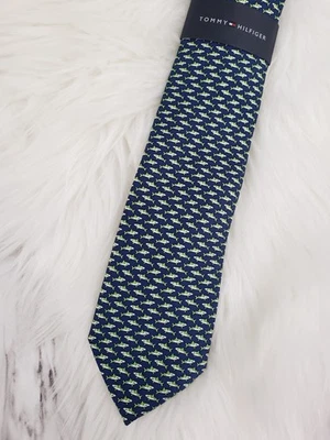 全新 - 鲨鱼蓝色 绿色 Tommy Hilfiger 男式 100% 真丝领带 航海十字 — 第 1/4 张图片