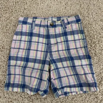 Janie and Jack Boys 5 Blue Pink Plaid Linen Cotton Short Easter Pastel Chino - Image 1 of 4