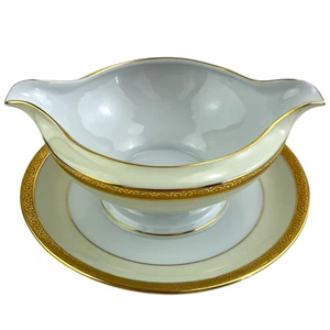 Vintage Thomas Bavaria Doppelauslauf Sauciere befestigt Unterplatte Goldband 7" - Bild 1 von 13