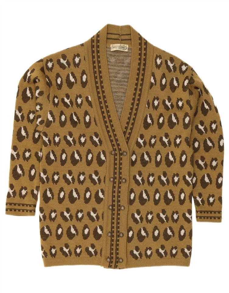 VINTAGE Womens Cardigan Sweater UK 14 Large Khaki Animal Print Wool CX10 - Image 1 of 3