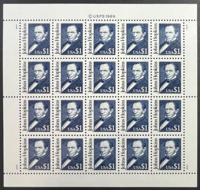 US Great Americans Scott 2194, $1 Hopkins, Sheet of 20, Extra Fine, MNH - Image 1 of 3