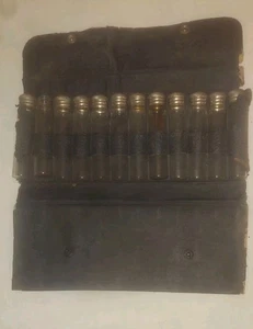 Antik Arzt Reise Medizin Apotheker Leder Set 12 Glasfläschchen leer - Bild 1 von 5
