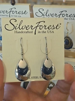 Silver Forest Earrings USA Layered Dangle Oval Blue Enamel Teardrop Beads - Image 1 of 4