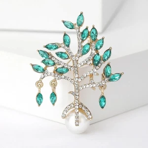 Green Crystal Pearl Tree Brooch Jewelry - Picture 1 of 3
