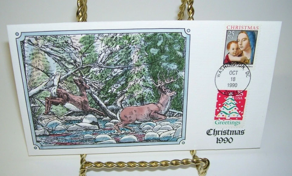 First Day of Issue 1990 Christmas White Tail Buck Ma Donna and Greetings FDC - Image 1 of 1