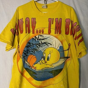 1997 Vintage Tweety Bird Shirt XL Go Away Im Busy Looney Tunes USA MADE Yellow - Picture 1 of 12