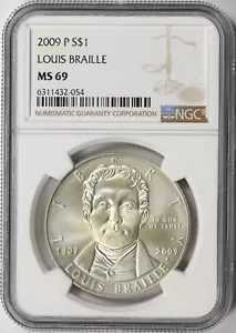 2009-P $1 Louis Braille Commemorative Silver Dollar NGC MS69 - Picture 1 of 2