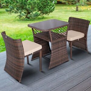 B Ware / Sitzgruppe Gartenmöbel Polyrattan 2 Stühle Tisch Braun Beige Regal 4