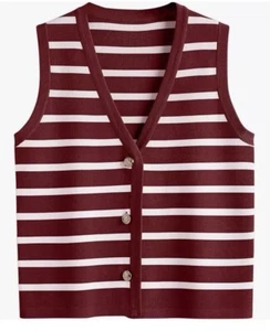 Lillusory Women’s Sweater Vest Button Up White & Red Striped Size Medium New - Picture 1 of 8