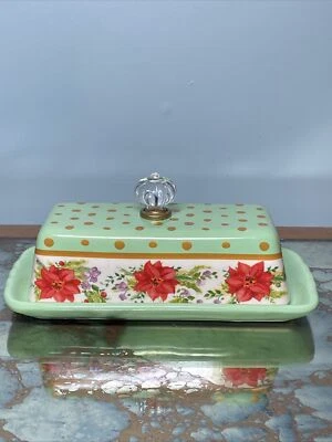 Plato de mantequilla Pioneer Woman Holiday Cheer verde menta mango de vidrio RARO Foto 1 de 4