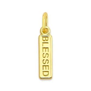 Solid 14k Gold Rectangular "Blessed" Engraved Charm - Inspirational Jewelry Gift - Picture 1 of 5