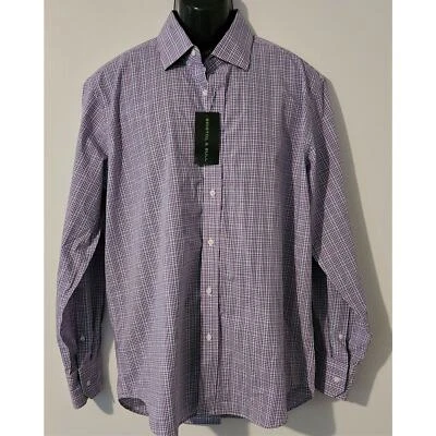 MEN'S BRISTOL & BULL SHIRT PLAID NAVY PURPLE WHITE CONTRAST TRIM LARGE NEW - Image 1 of 4