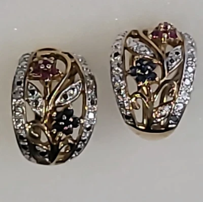 Earrings Ross Simons Sapphire Ruby Emerald Flower Gold Over Sterling 925 Omega - Image 1 of 4