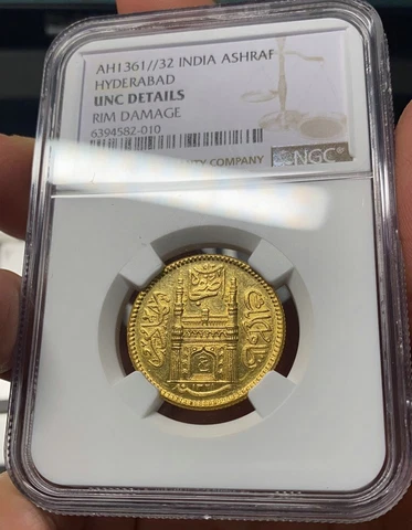 INDIA  Hyderabad AH1361 32 Ashraf Gold NGC UNC Details Cover