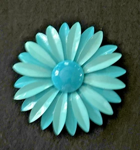 Vintage 1960s Enameled 3 " Metal "Flower Power" Brooch Pin 2 Tone Aqua ~ BL - Picture 1 of 2
