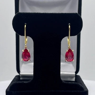 Beautiful 3ctw Pear Cut Ruby Earrings 14k Gold Drop Dangle Ruby - Image 1 of 4