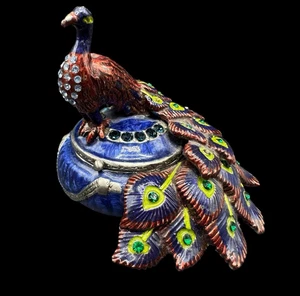 Peacock Enameled Trinket Box 2.75" Bird Stones Metal Purple Blue - Picture 1 of 9