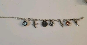 Bracciale Charm Chiave Argento, Piuma, Uccellino, Cristalli Rosa Blu 9" - Foto 1 di 5