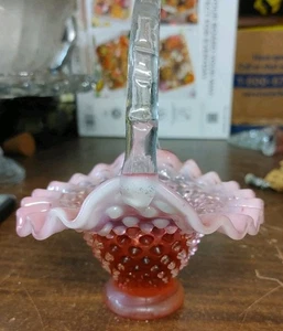 fenton cranberry red hobnail opalescent glass basket 6" h. circa 1960's - Picture 1 of 4