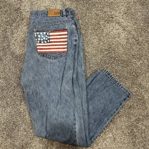 Vintage Tommy Hilfiger Womens Jeans Size 14 USA Flag Graphic Blue Festival - Picture 1 of 13