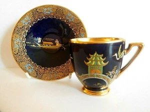ART DECO CARLTON WARE PAGODA PATTERN ENAMELLED DEMI TASSE COFFEE CUP AND SAUCER - Picture 1 of 17