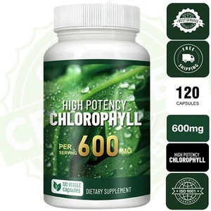 Chlorophyll 600mg - Breath Freshener, Skin Health & Body Detox - 120 Capsules - Picture 1 of 5