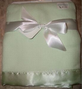 NEW BLUE PINK GREEN WHITE YELLOW WAFFLE WEAVE THERMAL BABY BLANKET W/ SATIN TRIM