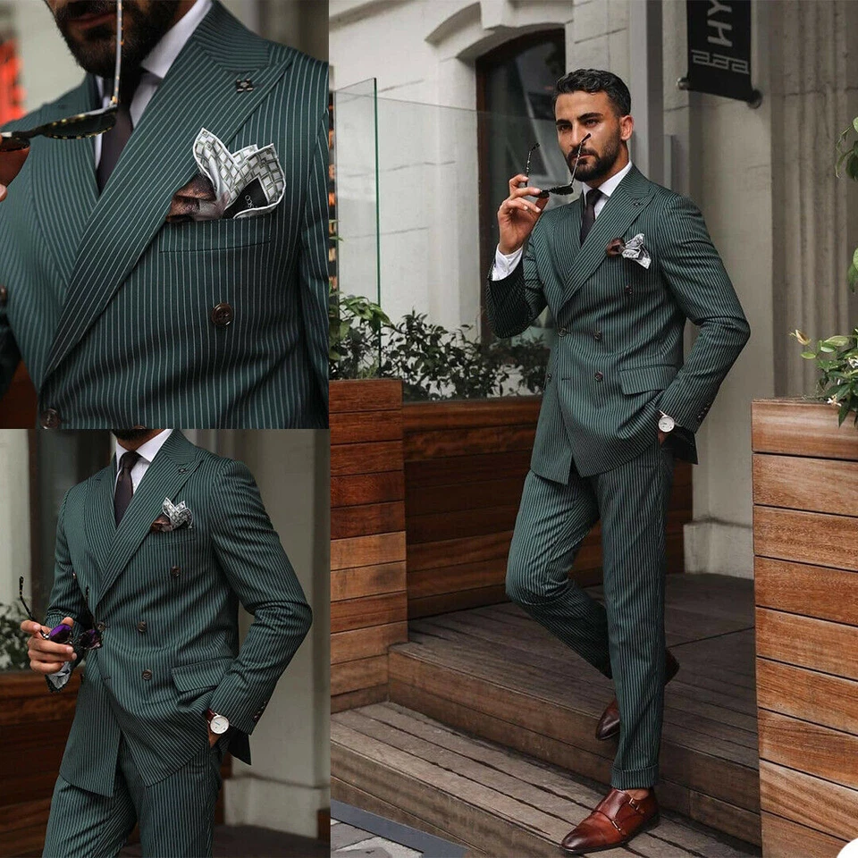 Green Pinstripe Men Suits Peak Lapel Double-Breasted Tuxedos Wedding Prom Blazer - Image 1 of 4