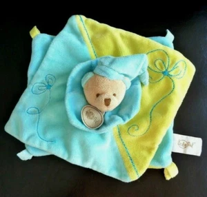 *. DOUDOU PLAT BABY NAT OURS BLEU VERT BEIGE  BONNET FLEUR SPIRALE EXC. ETAT - Picture 1 of 4