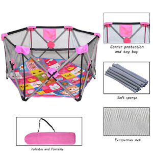 Kids Play Yard Safety Fence w/ Bag Indoor Outdoor Pink Portable Baby Plaype