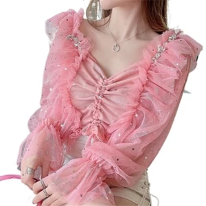 Lady Lace Ruffle Shirt Mesh Crop Tops Blouse Pullover Frill T-shirt Sheer Casual - Picture 1 of 15