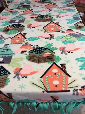 FLEECE KNOTTED BLANKET -Winter Bird House Blanket/Throw - Image 1 of 3