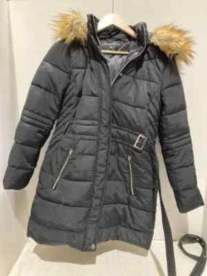 Склад longline черный пояс пуховик с подкладкой куртка меха капюшон 14 rrp £79.99 VGC - Изображение 1 из 4