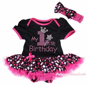 My 1ST Birthday Black Cotton Bodysuit Girls Hot Pink Heart Baby Dress Set NB-18M - Picture 1 of 1